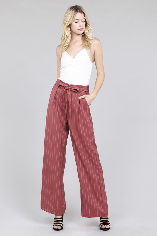 Ladies fashion high waist w/self belt long leg wide pinstripe woven pants