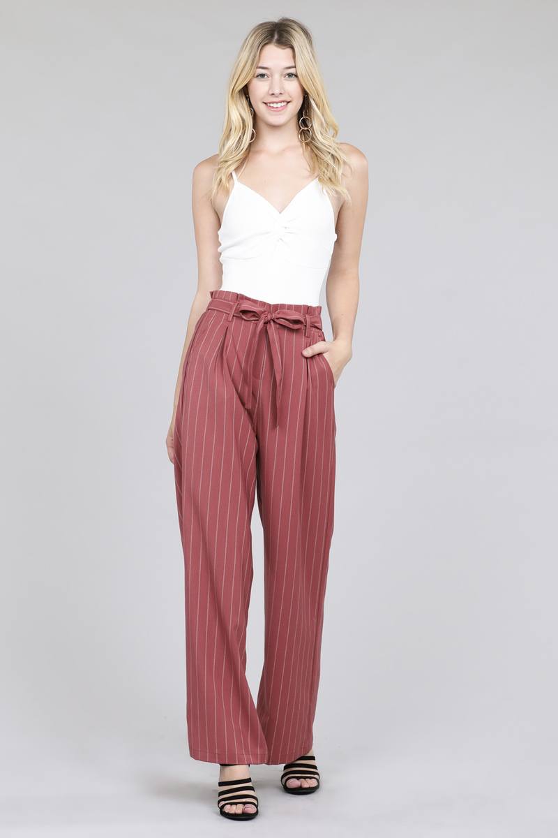 Ladies fashion high waist w/self belt long leg wide pinstripe woven pants