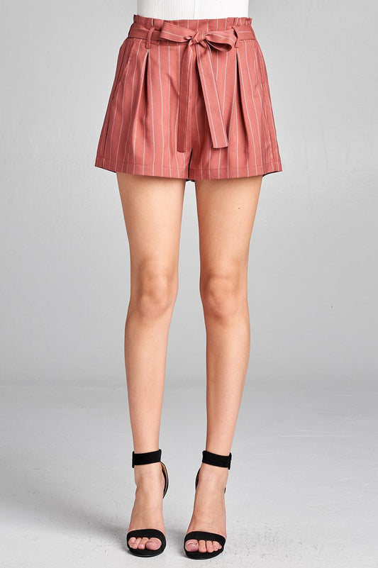 Ladies fashion self ribbon belt stripe high waist short pants