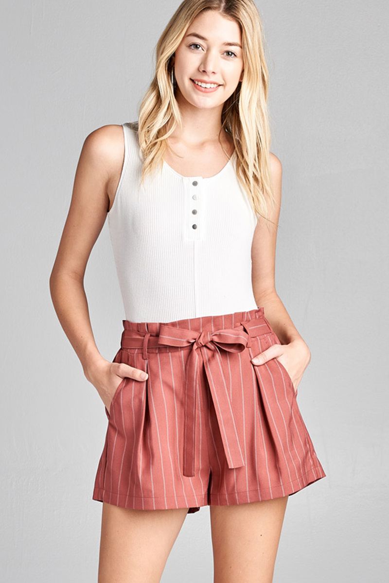 Ladies fashion self ribbon belt stripe high waist short pants