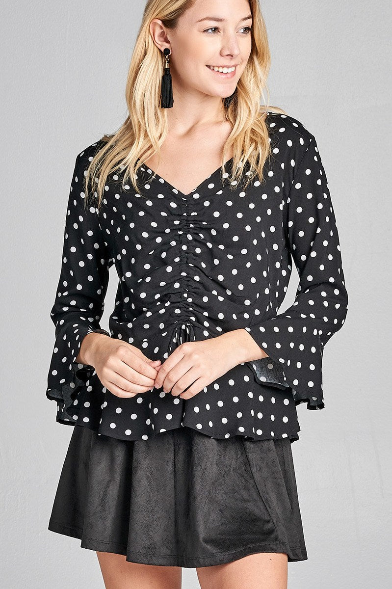 Ladies fashion 3/4 sleeve v-neck w/shirring detail flared hem dot print woven top