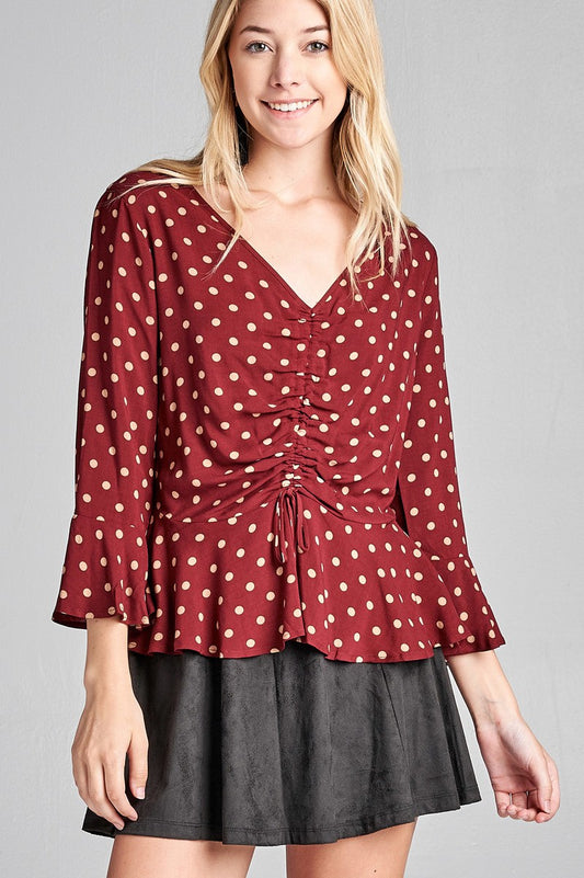 Ladies fashion 3/4 sleeve v-neck w/shirring detail flared hem dot print woven top