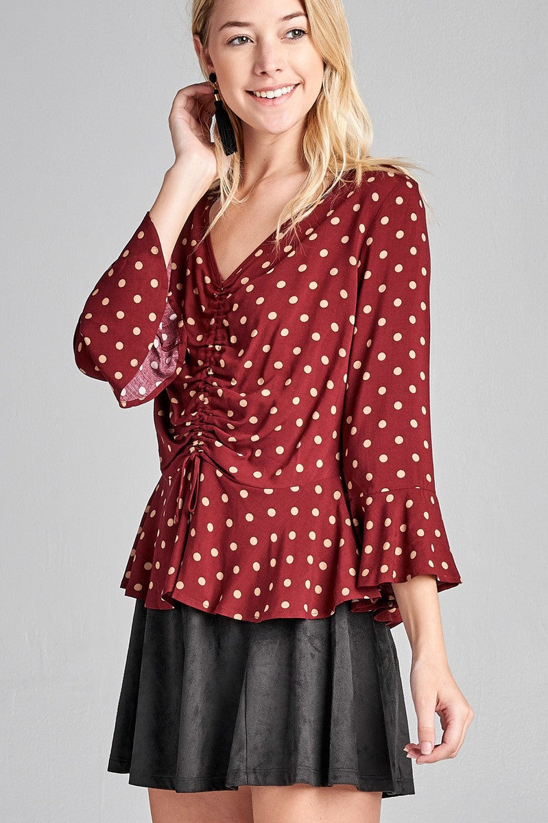 Ladies fashion 3/4 sleeve v-neck w/shirring detail flared hem dot print woven top