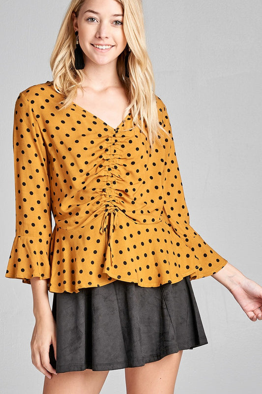 Ladies fashion 3/4 sleeve v-neck w/shirring detail flared hem dot print woven top