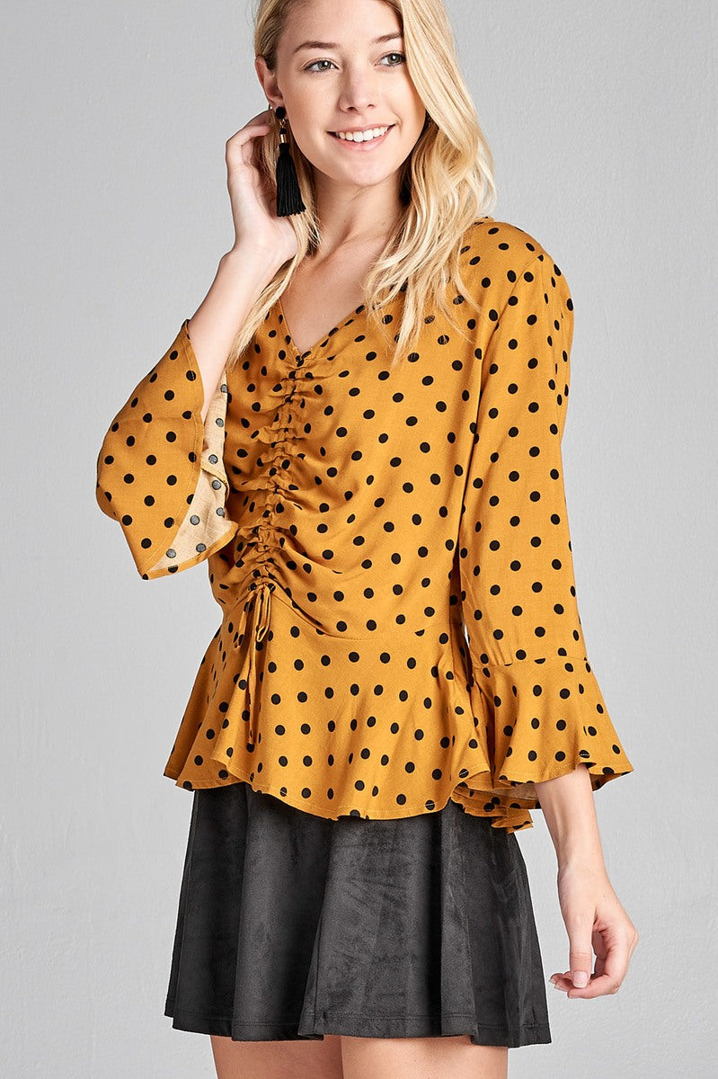 Ladies fashion 3/4 sleeve v-neck w/shirring detail flared hem dot print woven top