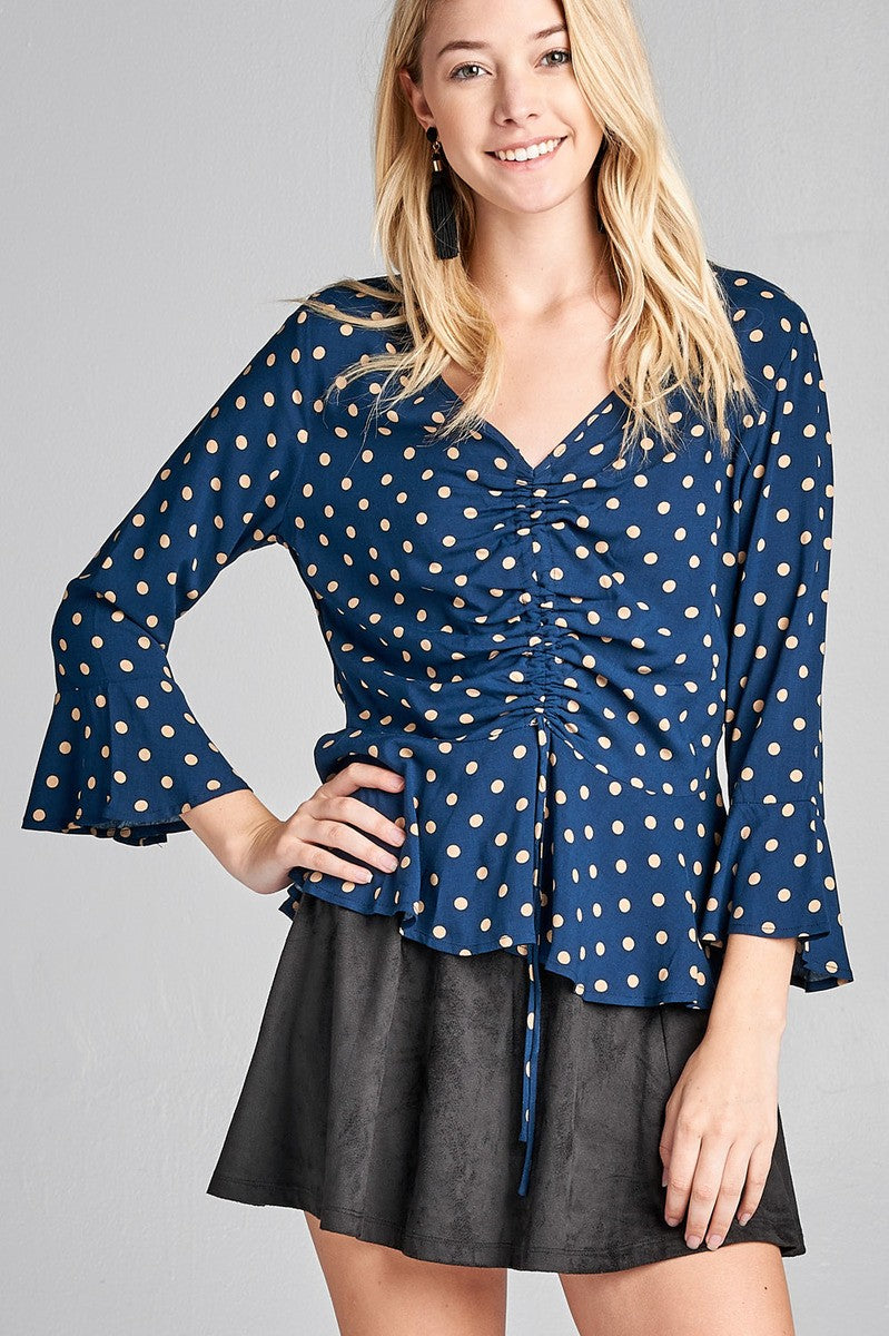 Ladies fashion 3/4 sleeve v-neck w/shirring detail flared hem dot print woven top