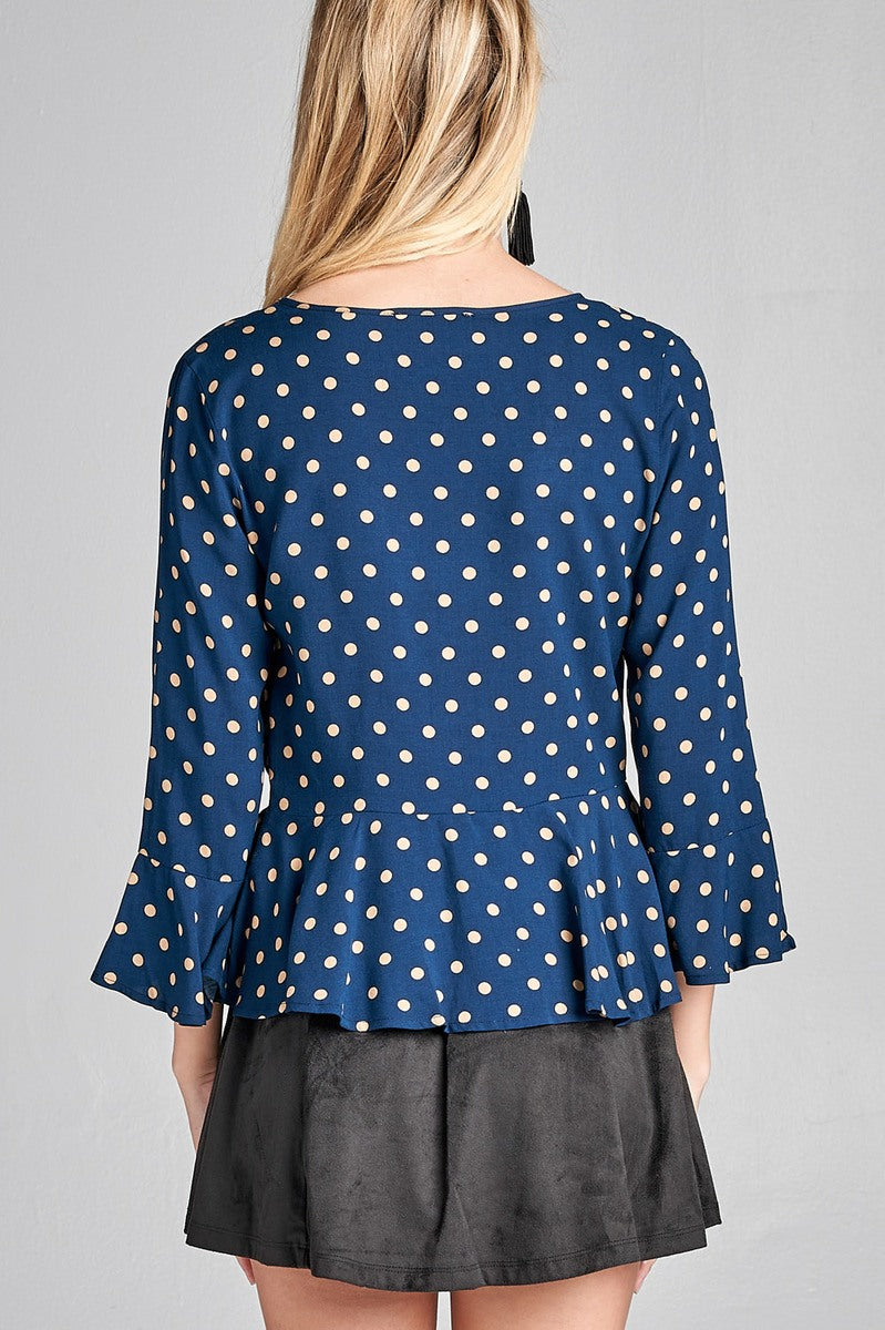Ladies fashion 3/4 sleeve v-neck w/shirring detail flared hem dot print woven top