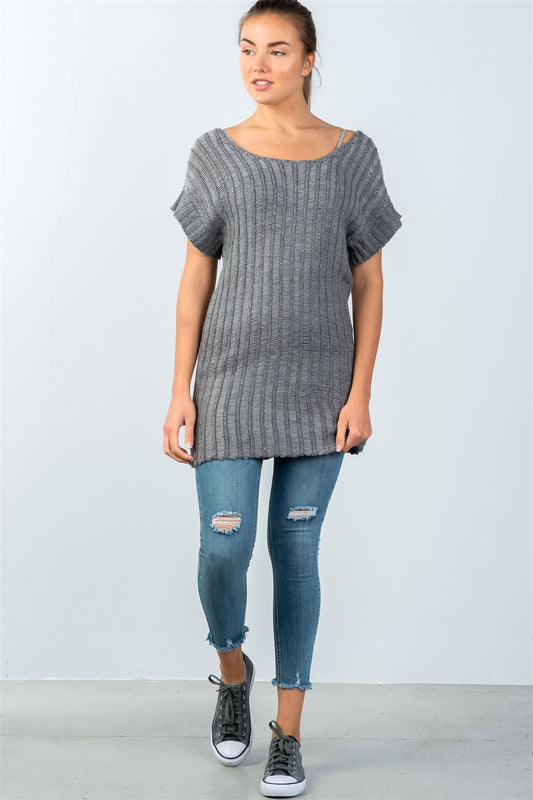 Ladies fashion scoop neckline short-sleeve open knit sweater