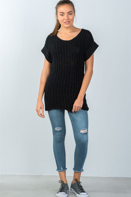 Ladies fashion scoop neckline short-sleeve open knit sweater