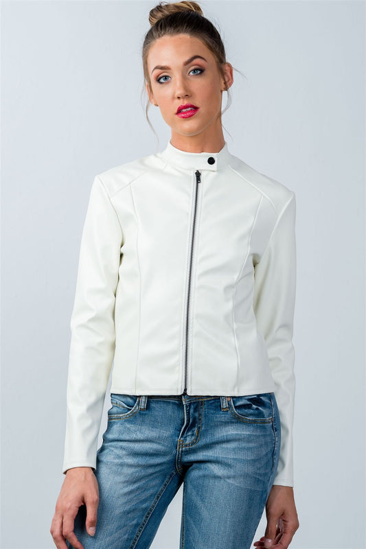 Ladies fashion snap button mock neck zip-up moto jacket