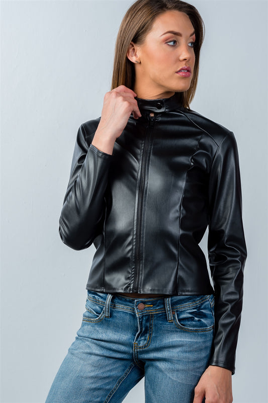 Ladies fashion snap button mock neck zip-up moto jacket