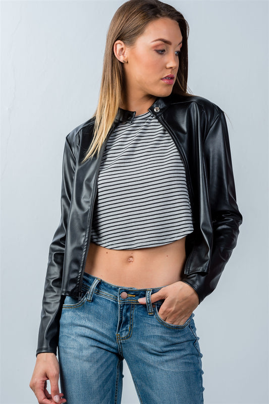 Ladies fashion snap button mock neck zip-up moto jacket