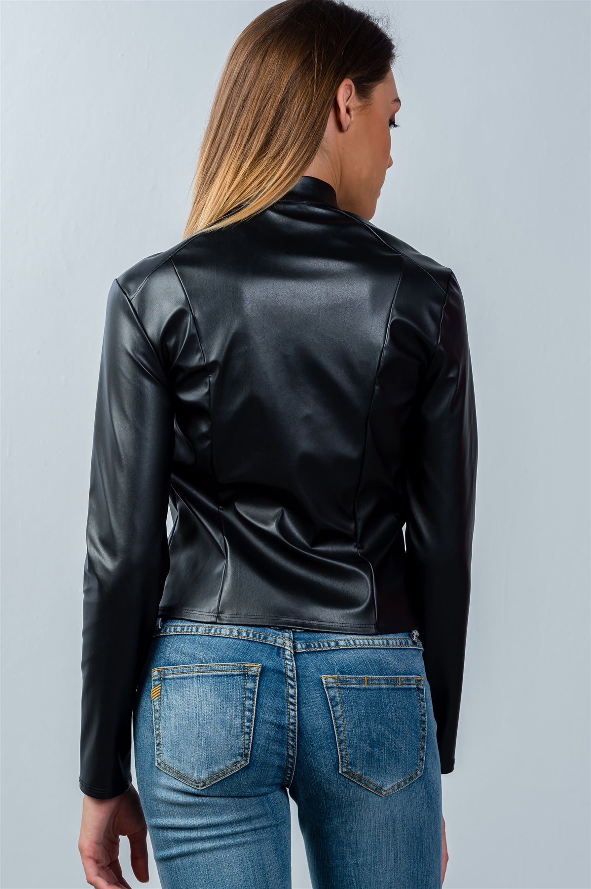 Ladies fashion snap button mock neck zip-up moto jacket