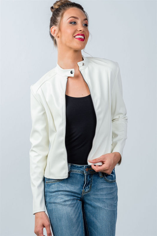 Ladies fashion snap button mock neck zip-up moto jacket