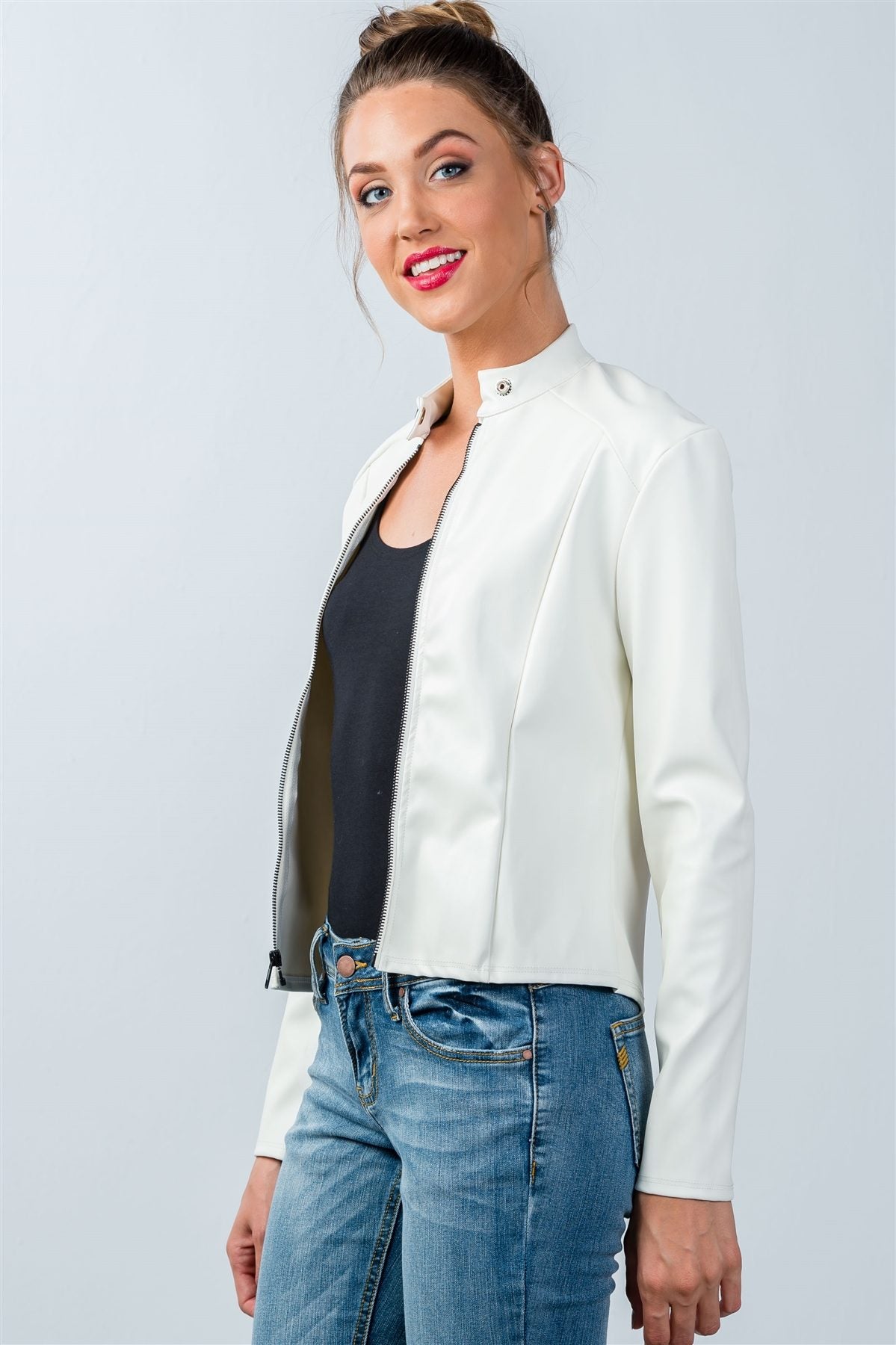 Ladies fashion snap button mock neck zip-up moto jacket