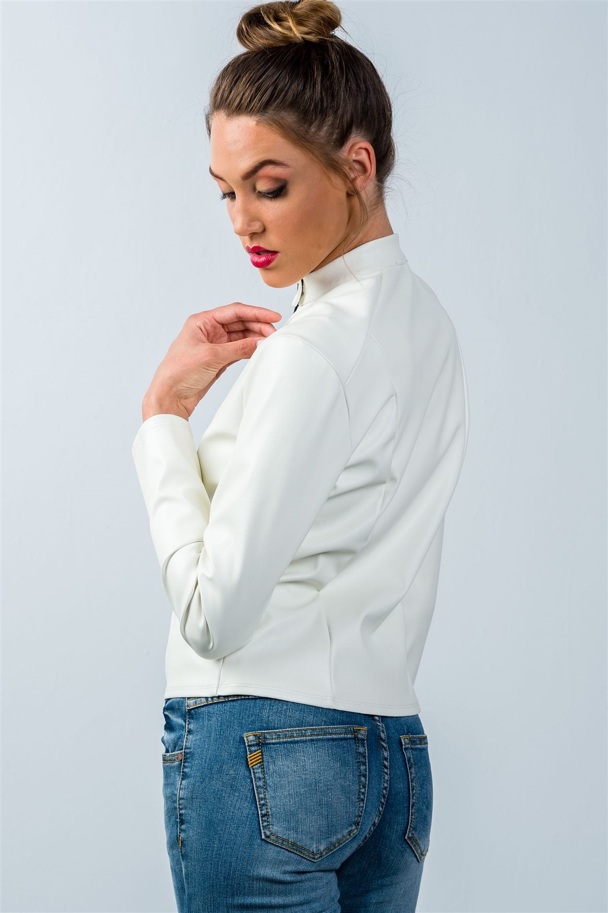 Ladies fashion snap button mock neck zip-up moto jacket