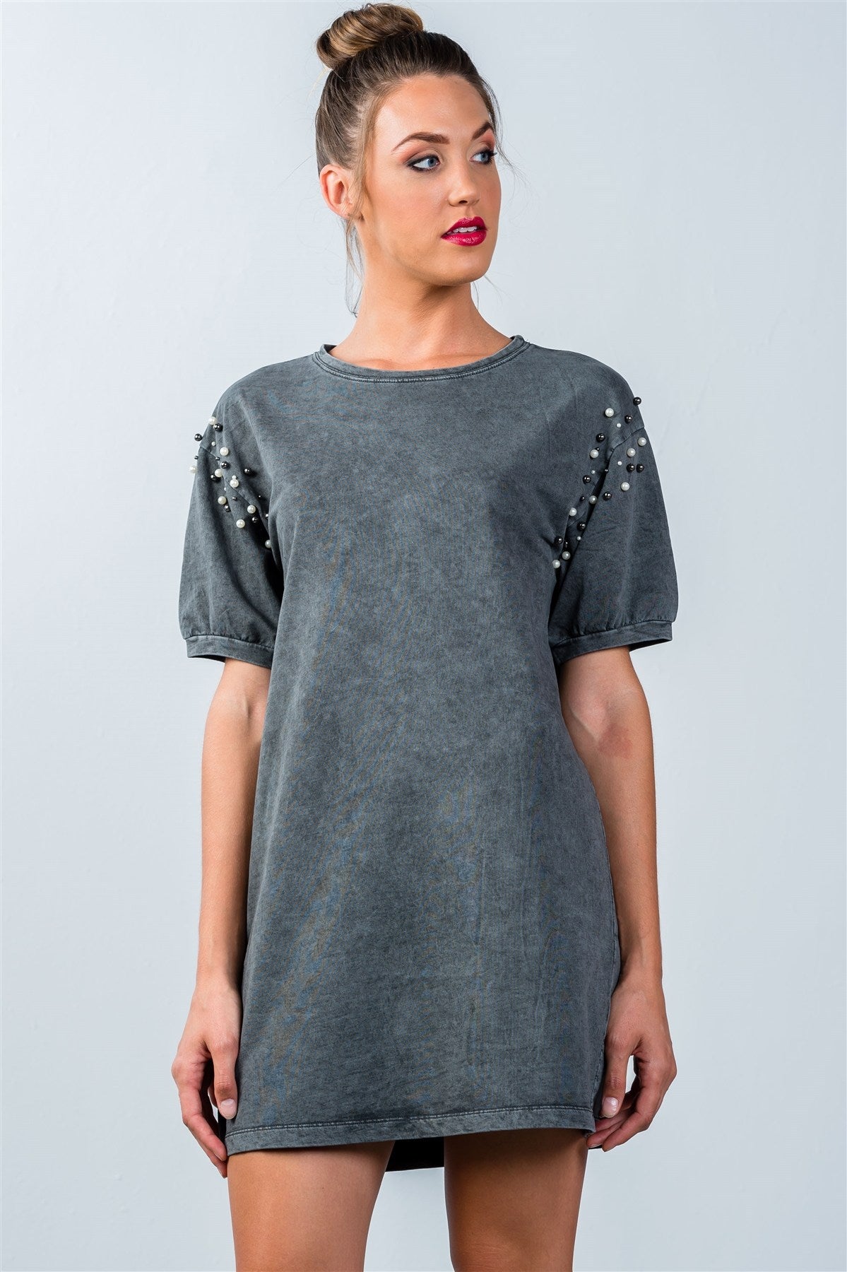 Ladies fashion loose fit pearl beaded shoulder loose tunic top