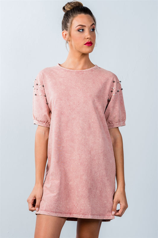 Ladies fashion loose fit pearl beaded shoulder loose tunic top