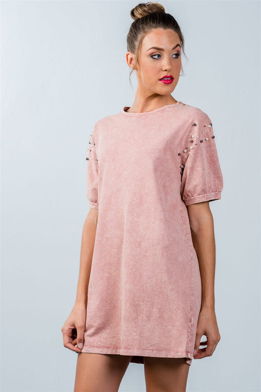 Ladies fashion loose fit pearl beaded shoulder loose tunic top