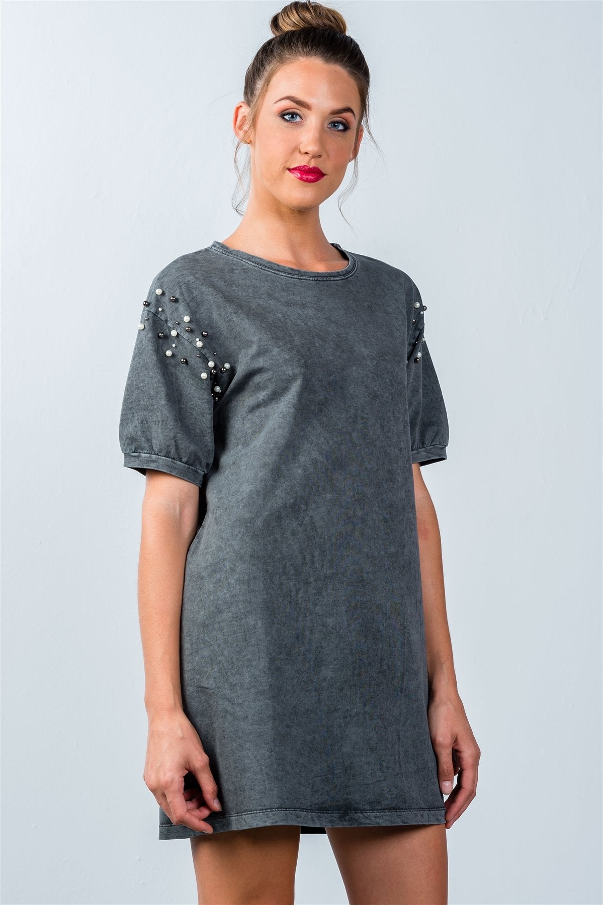 Ladies fashion loose fit pearl beaded shoulder loose tunic top