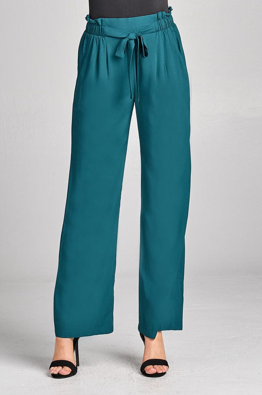 Ladies fashion plus size self ribbon detail long wide leg woven pants