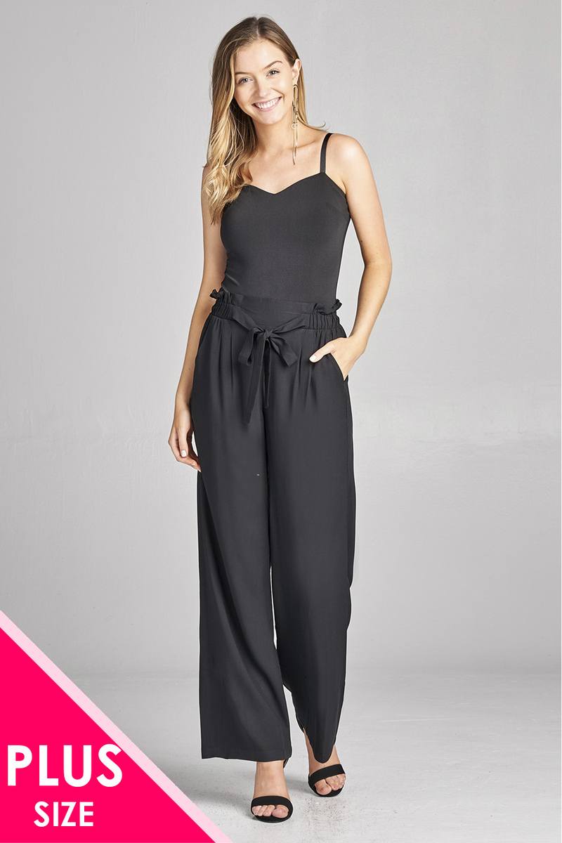 Ladies fashion plus size self ribbon detail long wide leg woven pants