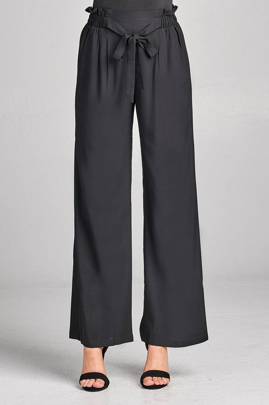 Ladies fashion plus size self ribbon detail long wide leg woven pants