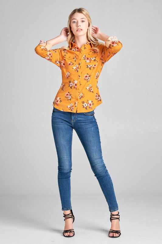 Ladies fashion plus size 3/4 roll up sleeve front pocket detail flower print stretch knit shirts
