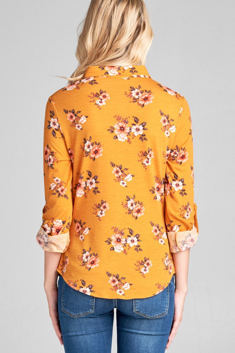 Ladies fashion plus size 3/4 roll up sleeve front pocket detail flower print stretch knit shirts