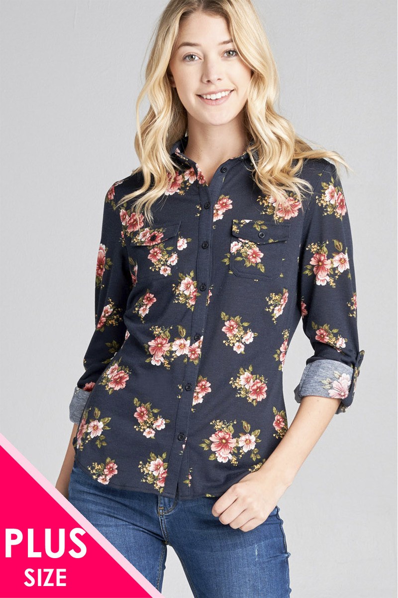 Ladies fashion plus size 3/4 roll up sleeve front pocket detail flower print stretch knit shirts
