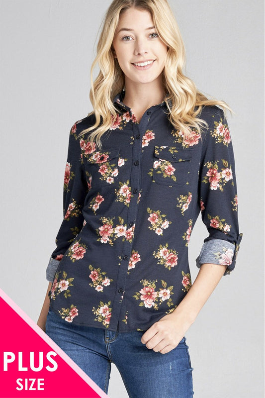Ladies fashion plus size 3/4 roll up sleeve front pocket detail flower print stretch knit shirts