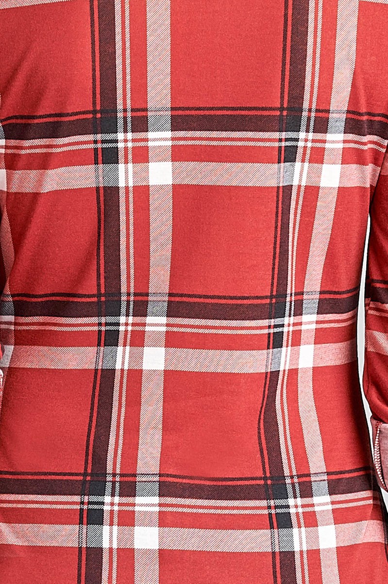 Ladies fashion plus size 3/4 roll up sleeve front pocket detail plaid check print stretch knit shirts