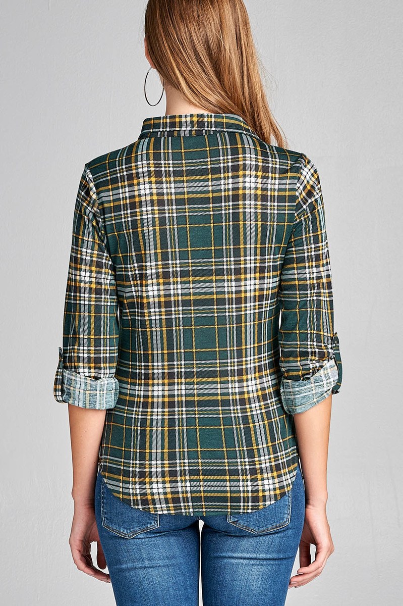 Ladies fashion plus size 3/4 roll up sleeve front pocket detail plaid check print stretch knit shirts
