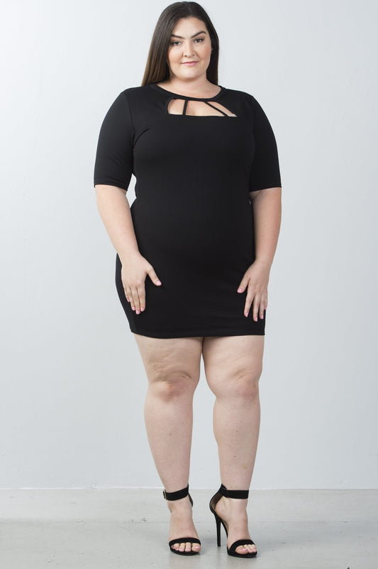 Ladies fashion plus size short sleeve cutout chest mini bodycon dress