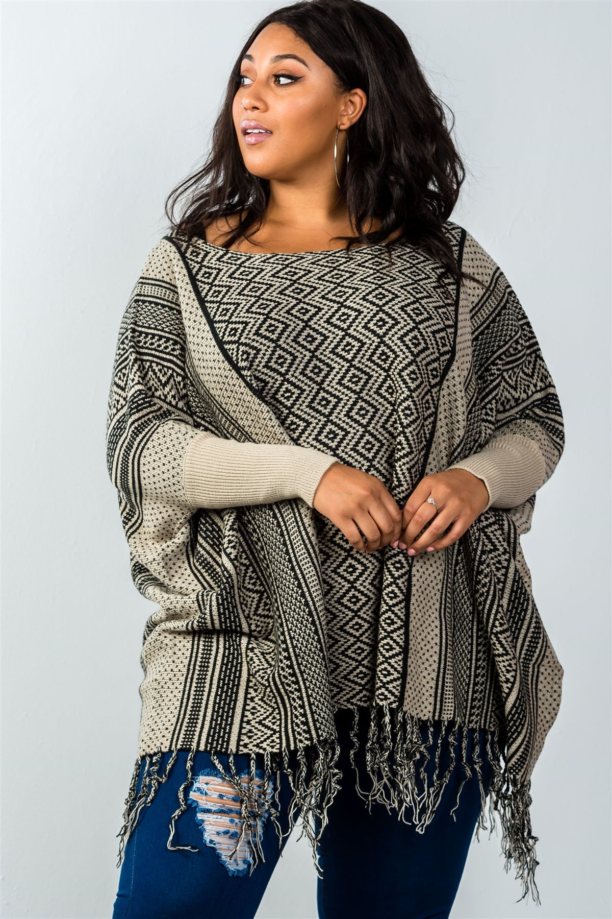 Ladies fashion plus size beige long batwing sleeves fringe poncho