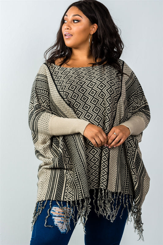 Ladies fashion plus size beige long batwing sleeves fringe poncho
