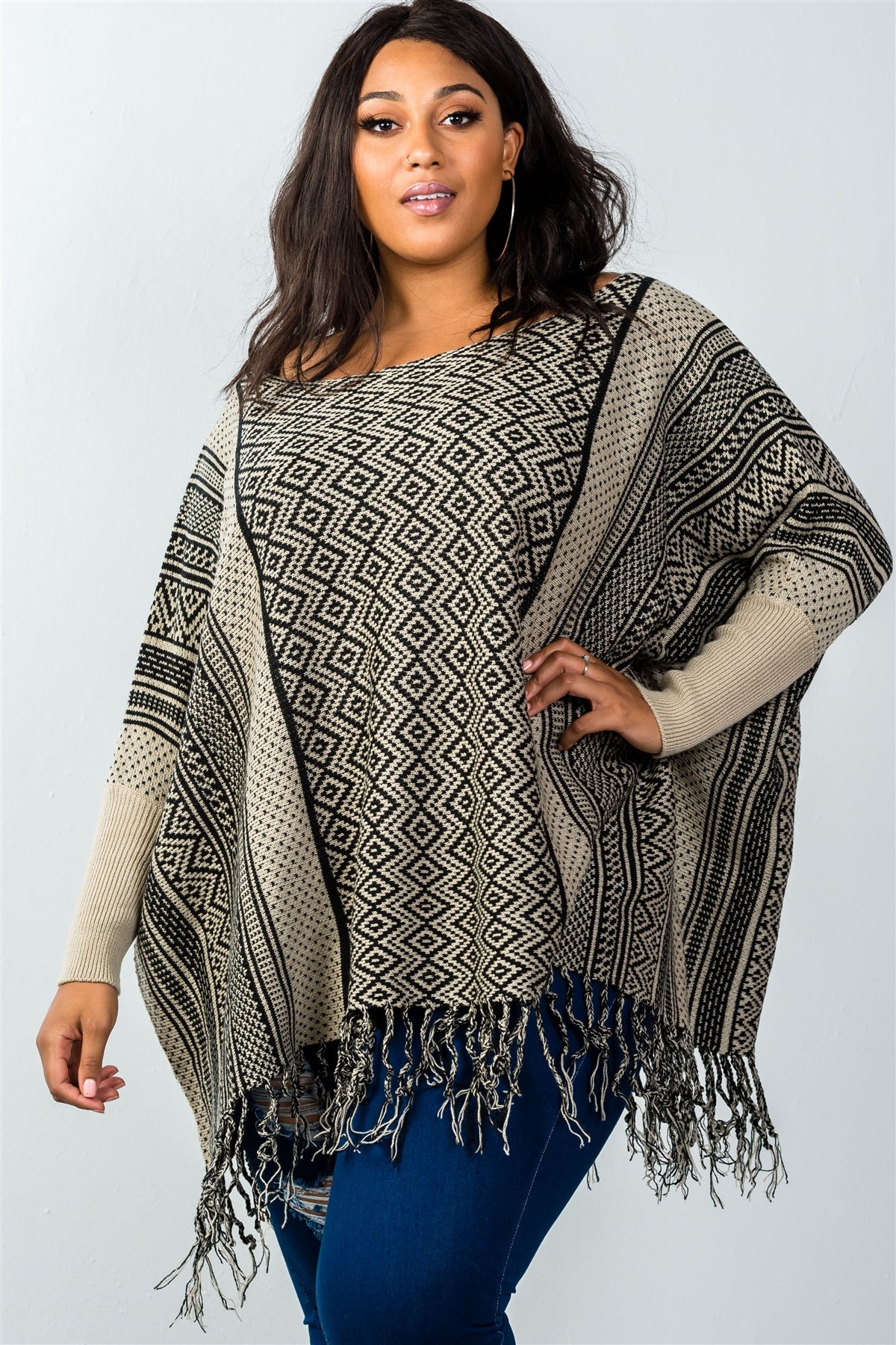 Ladies fashion plus size beige long batwing sleeves fringe poncho