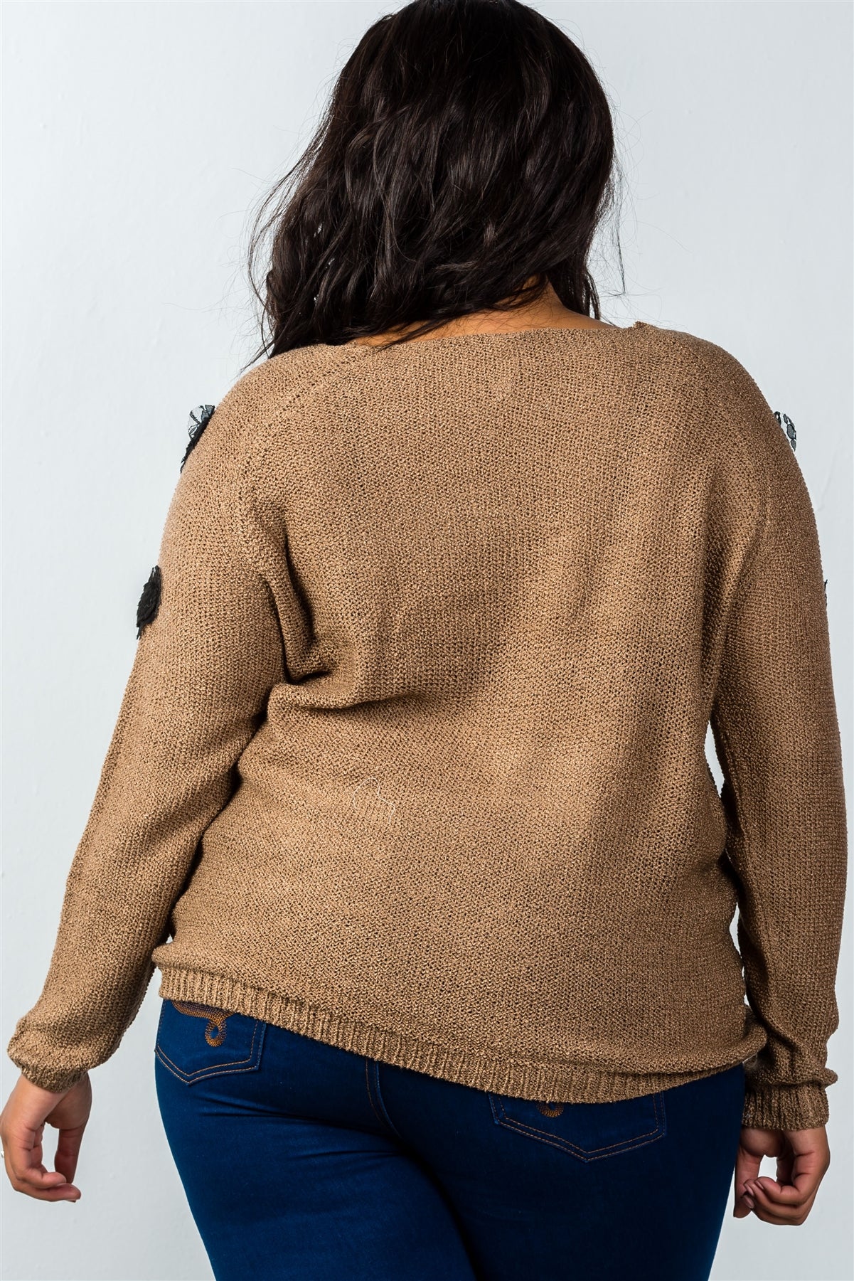 Ladies fashion plus size long sleeve mocha textured heart shaped sweater