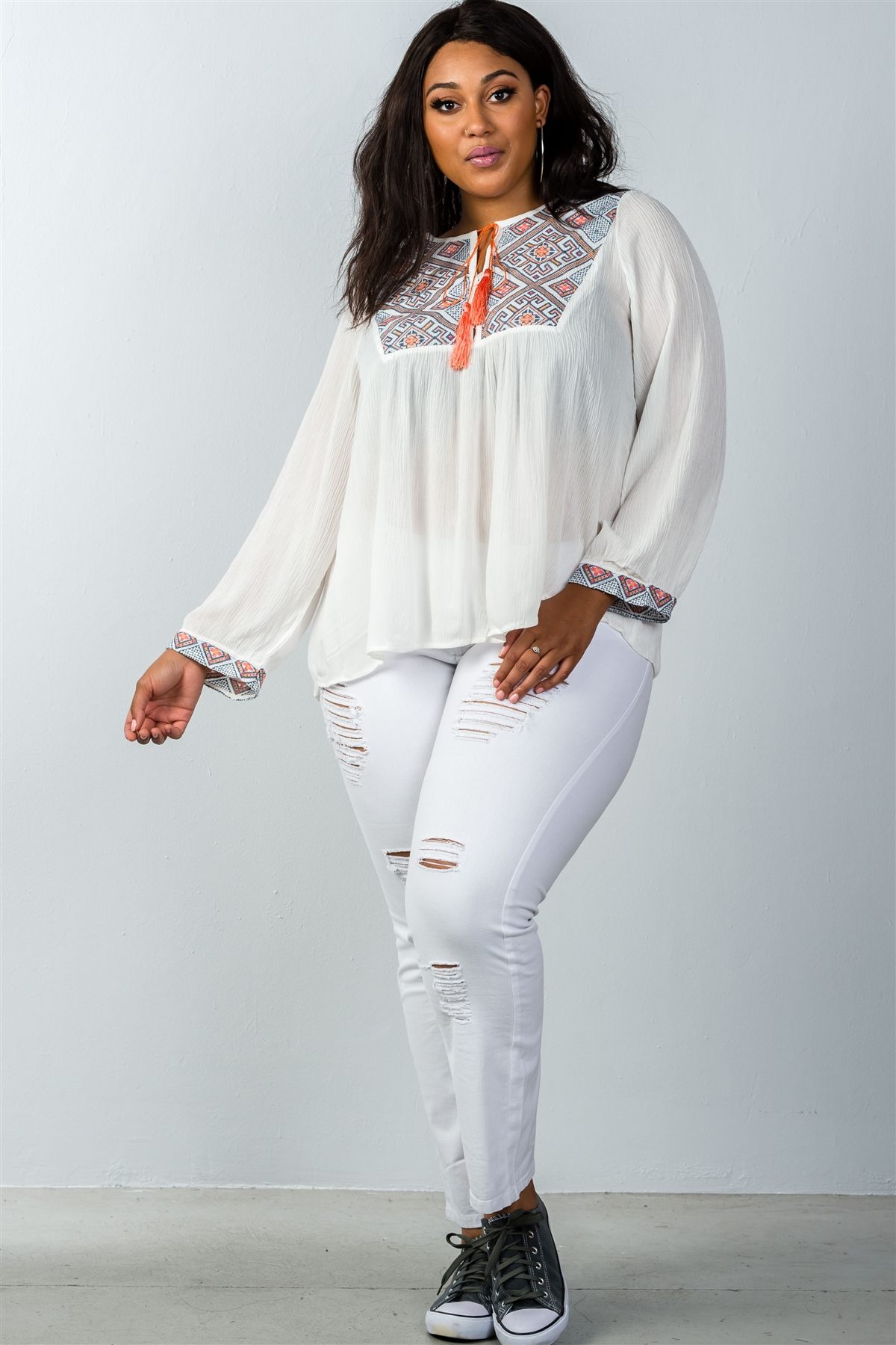 Ladies fashion plus size long sleeves white boho tribal print tassel tie top