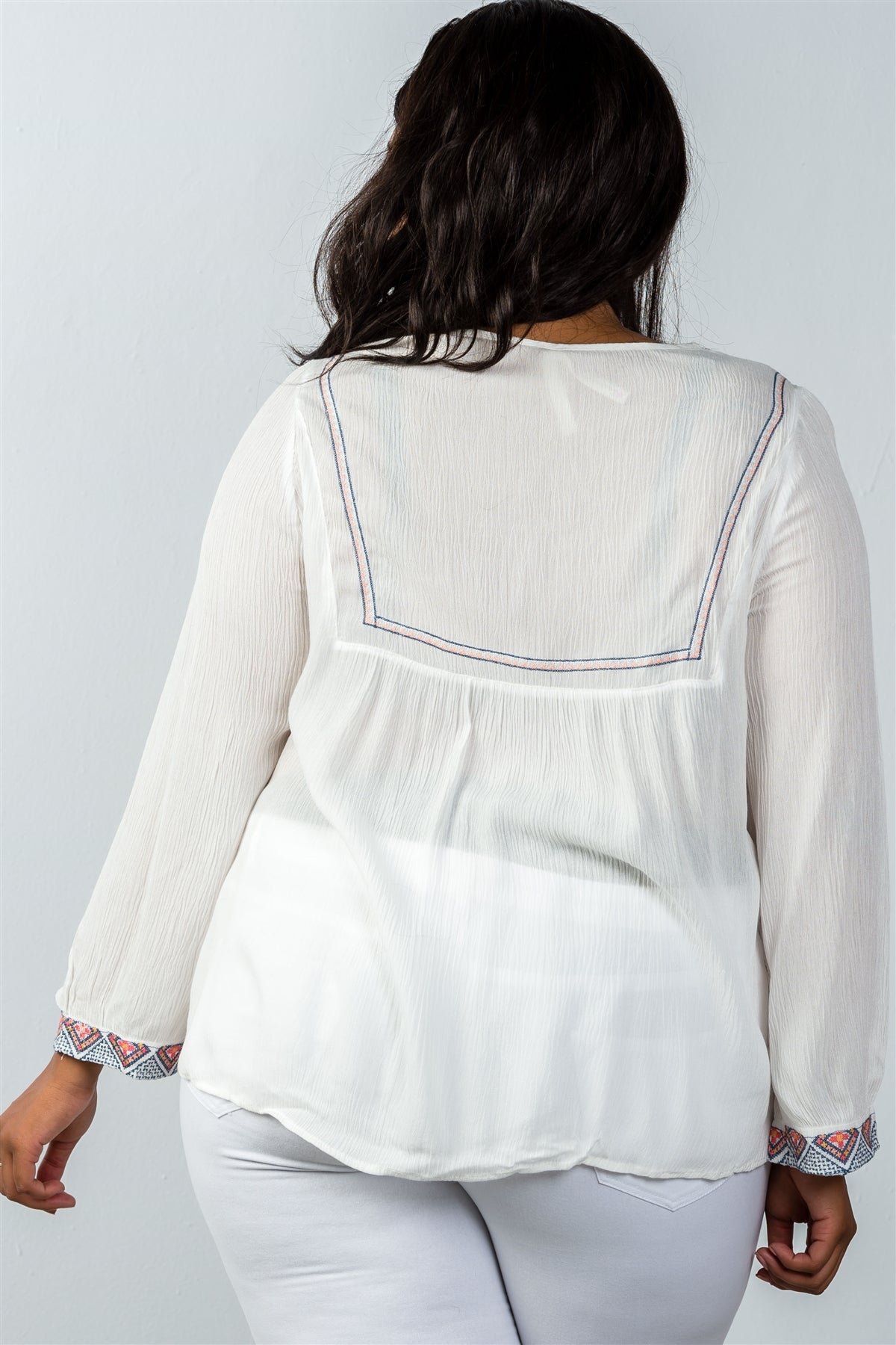 Ladies fashion plus size long sleeves white boho tribal print tassel tie top