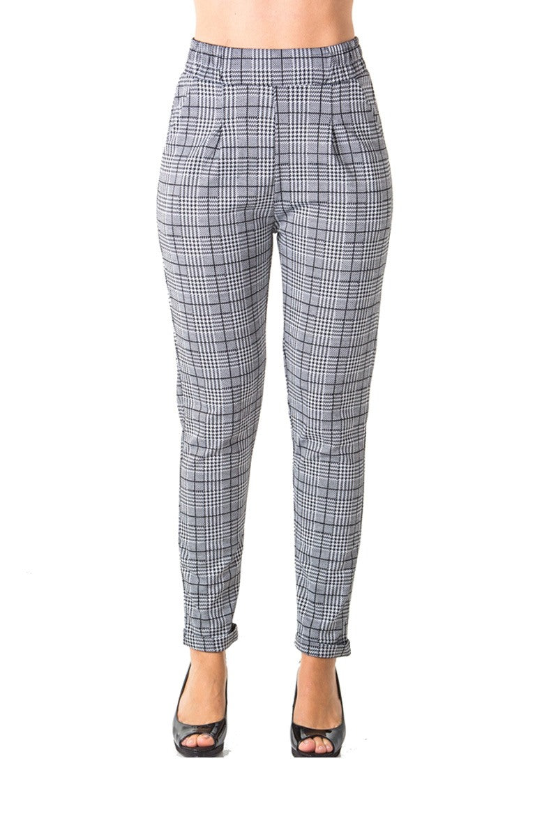 Ladies fashion casual plaid trouser pants, stretch, elastic waist, cuffed folded ankle & 2 front pockets