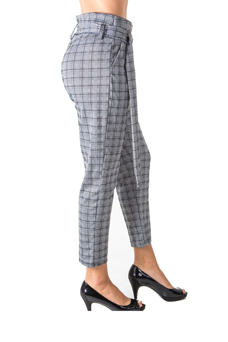 Ladies fashion casual belted plaid pants, stretch, wide & elastic high waist, 2 front pockets