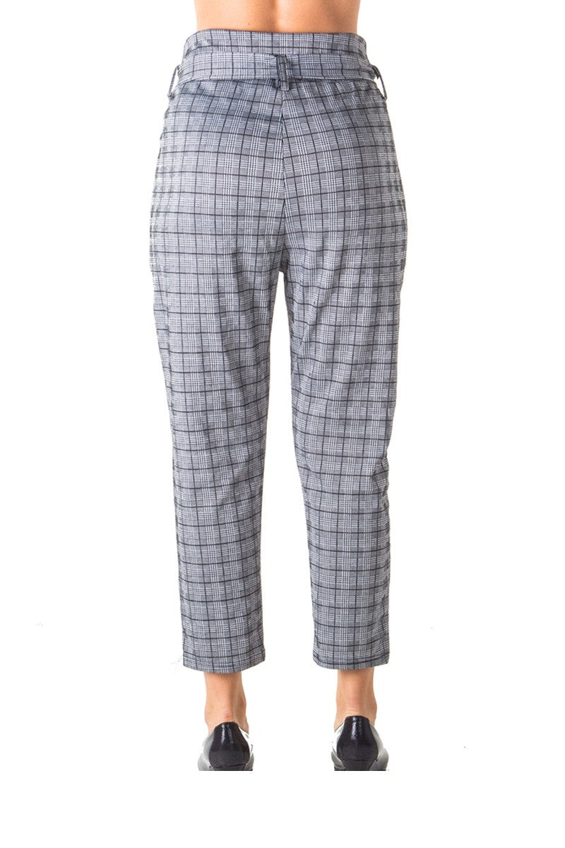 Ladies fashion casual belted plaid pants, stretch, wide & elastic high waist, 2 front pockets