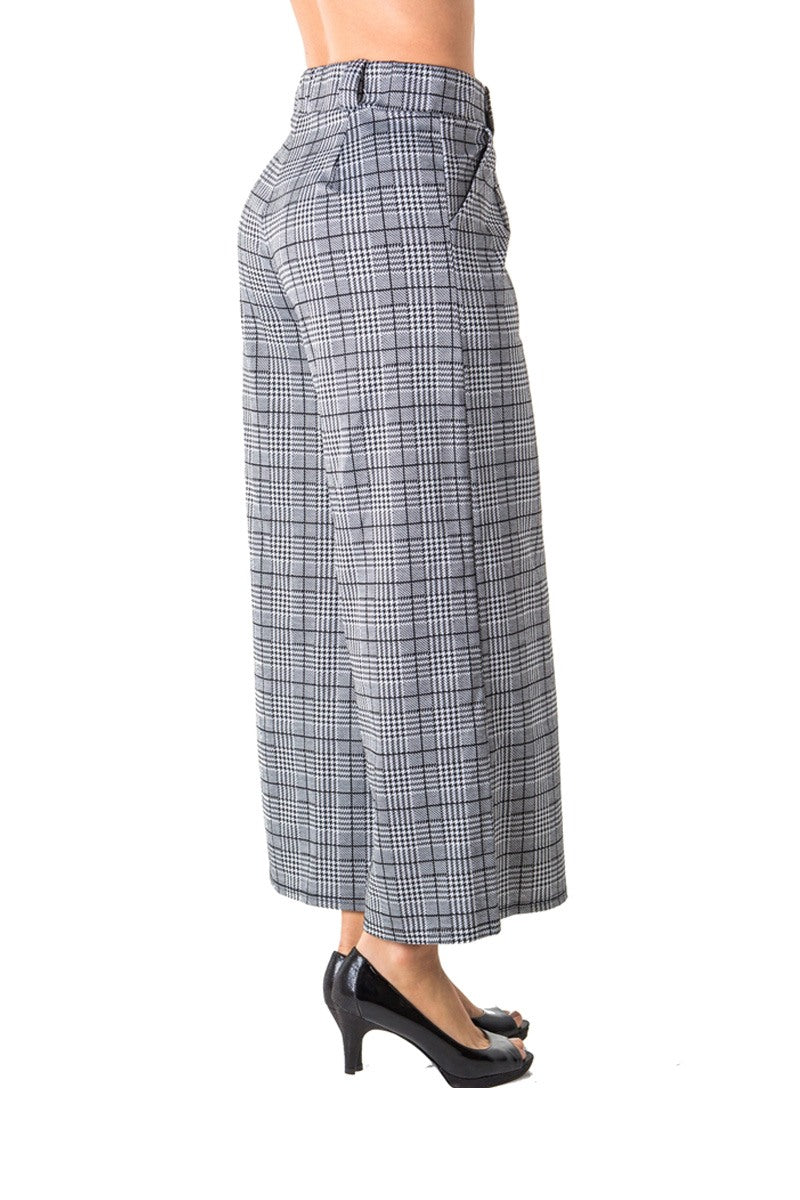 Ladies fashion casual plaid pants, high waist, wide leg & 2 front pockets