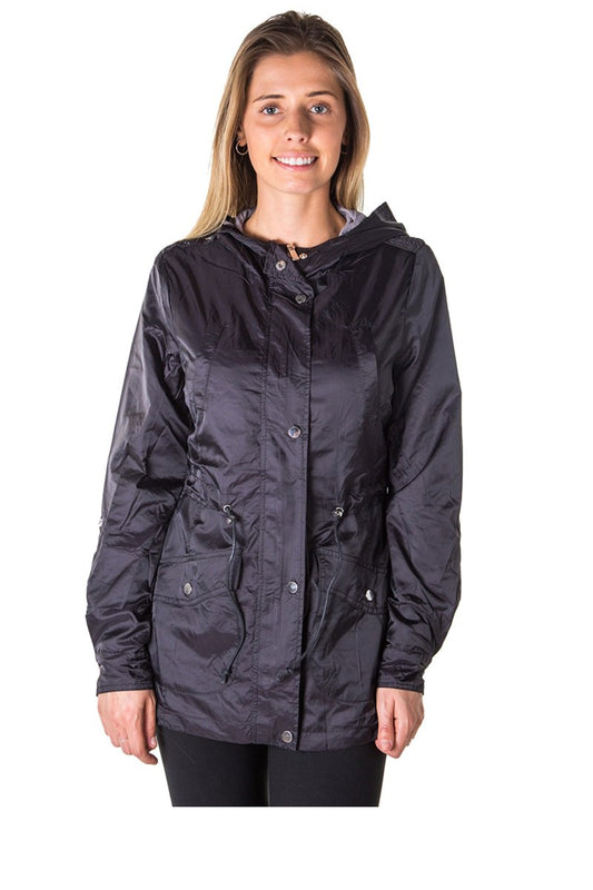 Ladies fashion zip up light weight nylon anorak jacket, waterproof, jersey lined hood, roll up sleeve & waistband string