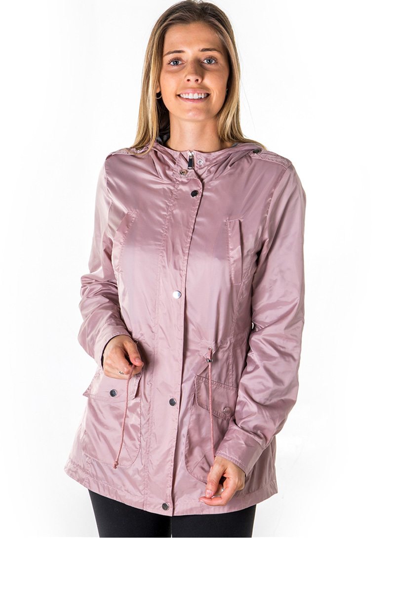 Ladies fashion zip up light weight nylon anorak jacket, waterproof, jersey lined hood, roll up sleeve & waistband string