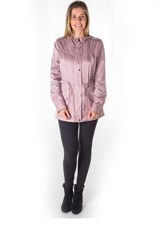 Ladies fashion zip up light weight nylon anorak jacket, waterproof, jersey lined hood, roll up sleeve & waistband string