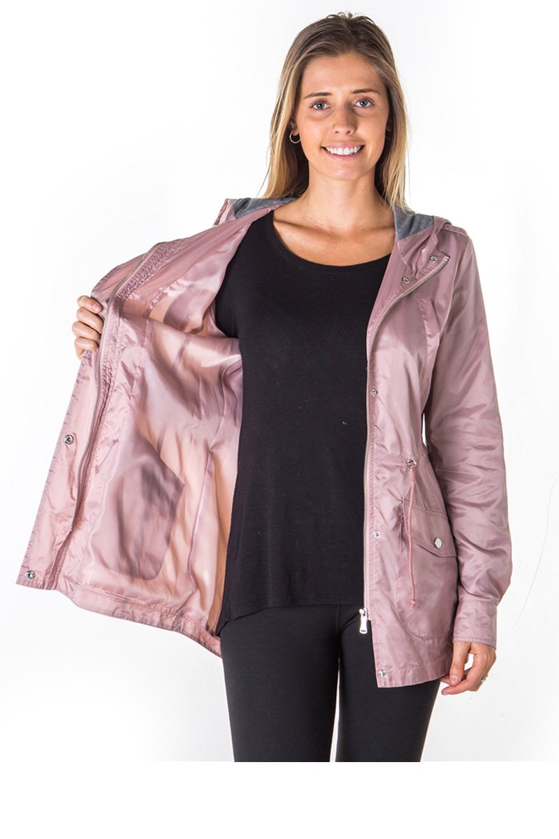 Ladies fashion zip up light weight nylon anorak jacket, waterproof, jersey lined hood, roll up sleeve & waistband string