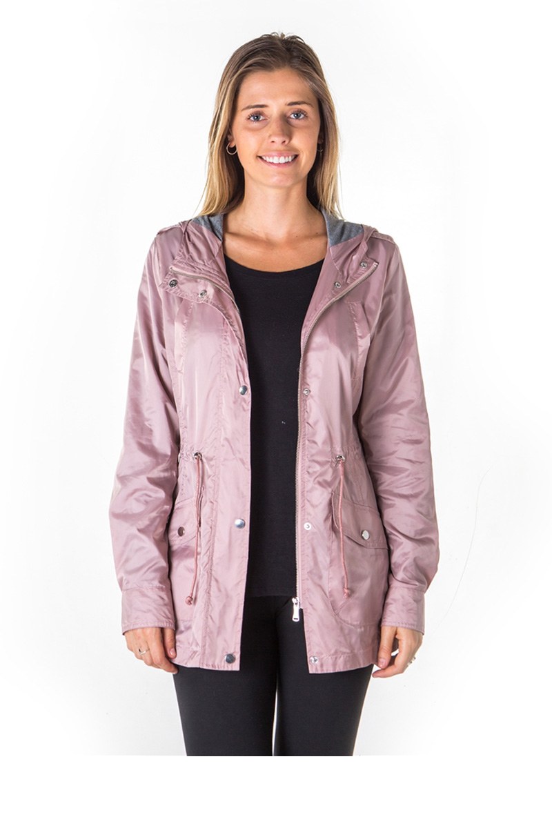 Ladies fashion zip up light weight nylon anorak jacket, waterproof, jersey lined hood, roll up sleeve & waistband string