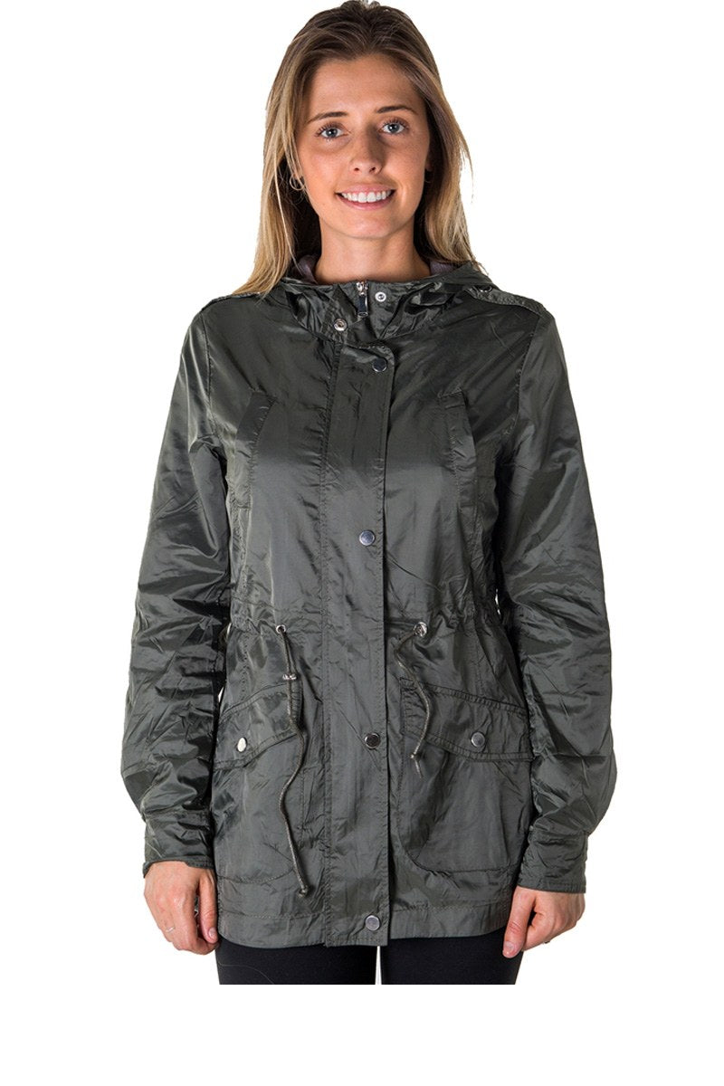 Ladies fashion zip up light weight nylon anorak jacket, waterproof, jersey lined hood, roll up sleeve & waistband string